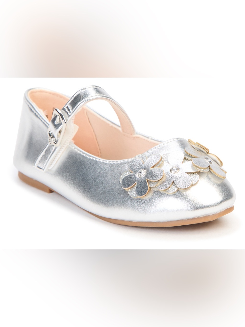 983. NEW Jessica Simpson Girls' Silver Floral Mary Jane with Gold-Edged Flowers
